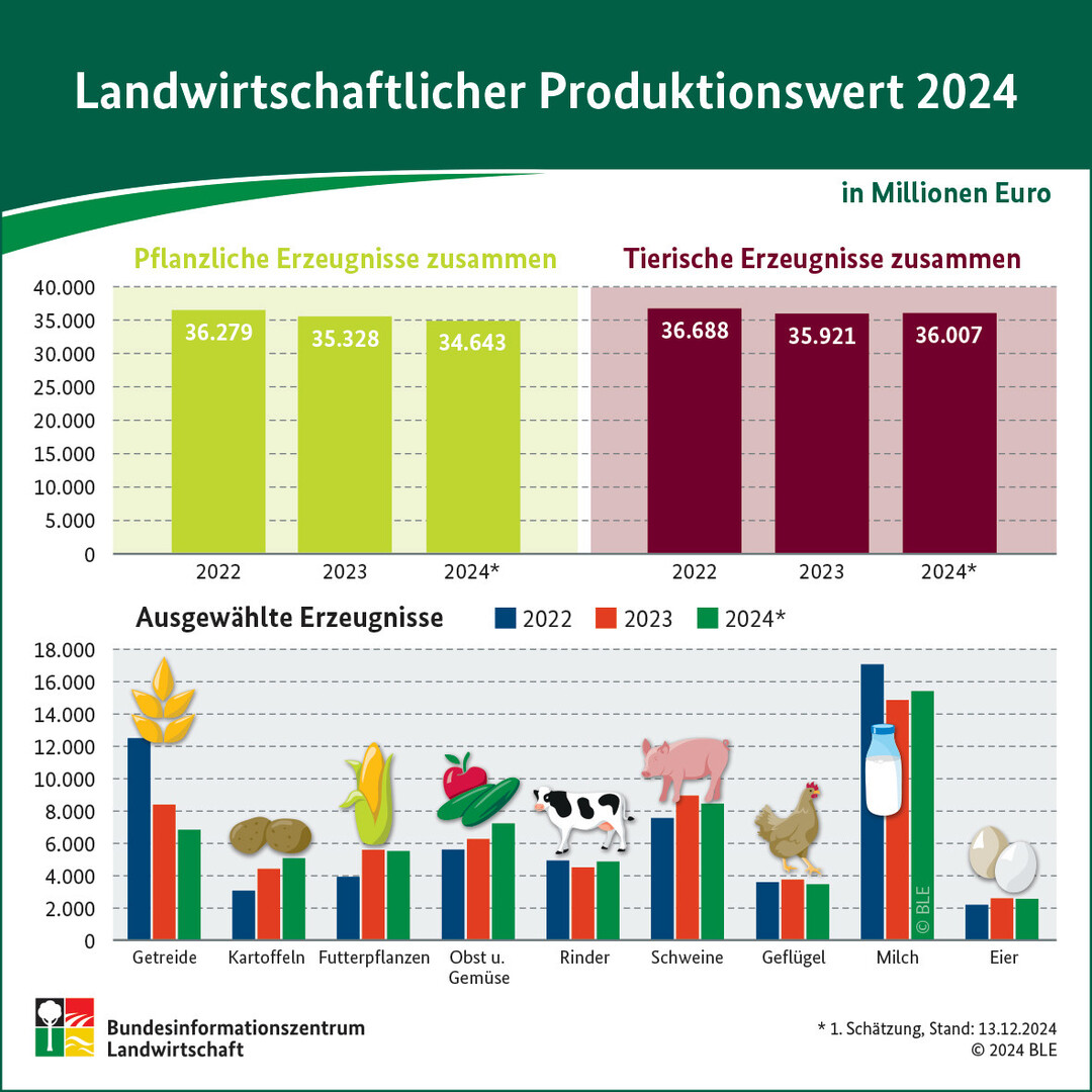 Landwirtschaftlicher Produktionswert der Jahre 2022 bis 2024: Pflanzliche und tierische Erzeugung sowie einzelne Erzeugnisse im Vergleich. 
