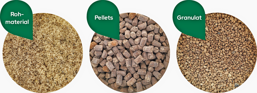 Ausgeflltes Struvit als Ausgangsmaterial (links), Struvitpellets (Mitte) und Struvitgranulat (rechts).