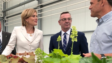 Bundeslandwirtschaftsministerin Julia Klckner folgt der Einladung des Zentralverbandes Gartenbau in den Gartenbaubetrieb Kientzler. Andreas Kientzler erklrt der Bundesministerin wie moderne und innovative Zierpflanzenzchtung geht.