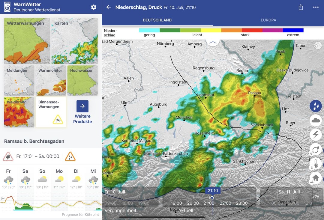 Individuell konfigurierter Startbildschirm der WarnWetter-App auf dem Tablet.