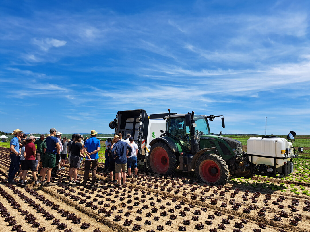 Beim Feldtag zur Pflanzenschutzmittelreduktion auf dem Gemsebaubetrieb Feldgemse Briem konnten Anbauer eine Spot Spraying-Spritze in Aktion begutachten.