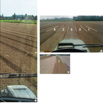 1 Der Blick nach drauen  von unsichtbarer
Hand gefhrt fhrt der Traktor
GPS-gesteuert exakt geradeaus.<BR>
2a und 2b Schematische Darstellung
der abgewandelten Variante Wende.
Mit den Zahlen 1 bis 5 wird die
Reihenfolge der berfahrten deutlich
gemacht.