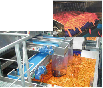 1+2 Ausgang der Rieselkhlung fr Waschmhren (oben); Bunkerung kalibrierter Waschmhren
in der Verpackungsmaschine in Eiswasser (unten);
