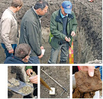 1 Bodenprofile betrachten, Erde fühlen,
riechen, wichtig für jeden Anbauer!<BR>
2 Mit Salzsäure aus der Pipette lässt
sich Kalk im Boden leicht nachweisen.<BR>
3 Hammer und Bohrstock als Grundausstattung
zur Bodenprobenahme<BR>
4 Je mehr Regenwurmgänge, desto
besser der Bodenwasserhaushalt