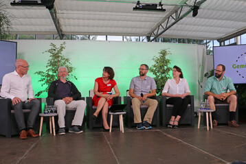 Podiumsdiskussion mit VertreterInnen der Bio-Gemsewertschpfungskette: (v. l.) Prof. Dr. Jan Niessen (Leiter des Studienganges Management in der kobranche), Dr. Werner Ebert (Leiter der Biometropole Nbg.), Heike Zeller (Moderatorin), Pascal Kneuer (selbstndiger REWE Kaufmann), Antje Frstl (Geschftsfhrerin von SF Franken-Catering), Rudolf Dworschak (2. Vorstand, Gemseerzeugerverband Knoblauchsland e.V.). 