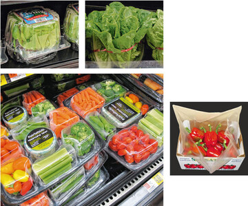 oben links: Wirkungsvolle Spielerei:
Tanimura & Antle bietet lebenden Salat
an; im unteren Teil der Verpackung
schwimmen die Wurzeln in Wasser.<BR><BR>
oben rechts: Auch eine Verpackung
 ein bedrucktes Band hlt Romana-
Salat zusammen.<BR><BR>
unten links: Kunststoff-Tiefzug-Technik
macht es mglich: So ansprechend
kann verzehrfertig aufbereitetes Gemse
in der Khltheke aussehen.<BR><BR>
unten rechts: Diese neue Folie
PEAKfresh sorgt dafr, dass Obst und
Gemse lnger frisch bleiben.