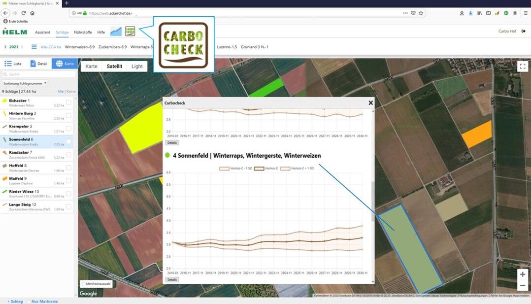 Der CarboCheck in der Ackerschlagdatei. Fr diesen Ackerschlag zeigt die Humus-Ampel grnes Licht: Unter dem aktuellen Management wir Humus aufgebaut.  