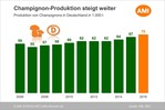 Die Champignon-Produktion steigt in Deutschland weiter. Das zeigen die Zahlen, die gemeinsam vom Bund Deutscher Champignon- und Kulturpilzanbauer und der Agrarmarkt Informations-Gesellschaft erarbeitet wurden.