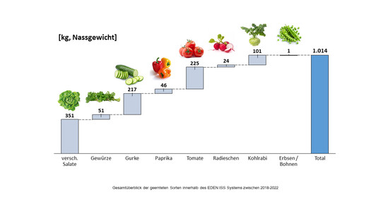 Gesamtberblick der geernteten Sorten innerhalb des EDEN-ISS-Systems zwischen 2018 und 2022. ber den gesamten Zeitraum konnten mehr als eine Tonne (1014 kg) Gemse, Salate und Kruter frisch geerntet werden.