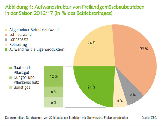 Aufwandstruktur von Freilandgem�sebaubetrieben in der Saison 2016/17 (in % des Betriebsertrages)