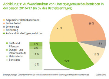 Aufwandstruktur von Unterglasgemsebaubetrieben in der Saison 2016/17 (in % des Betriebsertrages)
