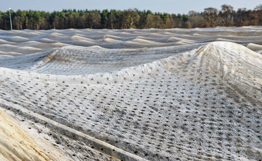 Fast wie ein bewegtes Meer erscheinen Spargelfelder mit dreifacher Abdeckung, hier im Spargelund Erdbeerhof Leicht im badischen Eggenstein-Leopoldshafen.