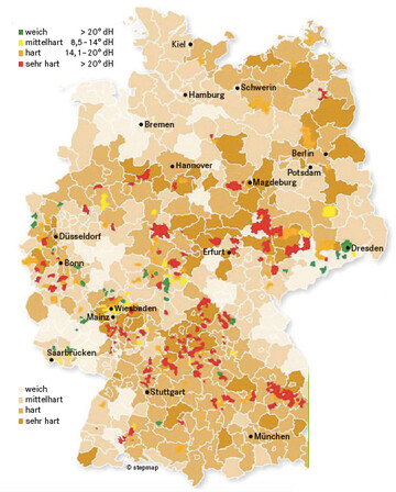 Abbildung 1: Wasserhrte in Deutschland  Ergebnisse der Wasserhrte in den Jahren 2014 bis 2016 (Brunnenwasser; n = 407 Betriebe, gruppiert nach PLZ) Quelle: Basierend auf Angaben des Bundesgesundheitsamts, aktualisiert mit Firmendaten