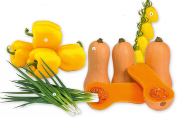 (1) Paprika Tractor (2) Bundzwiebel Buzi (3) Butternut Mieluna. (4) Tomate Lemonstar