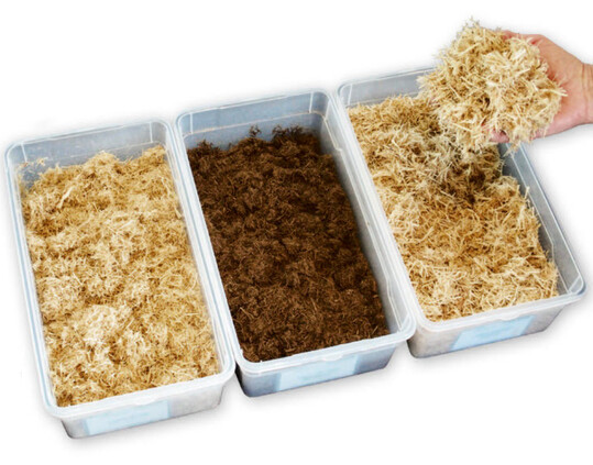 Die vier LignoFibre-Holzfasern ( v. l. LignoFibre c, LignoFibre, LignoFibre c Xtrafine+ und LignoFibre coarse) gewhrleisten in Substratmischungen die gewnschte Strukturstabilitt.
