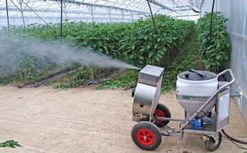 1 Kaltvernebelungsgert zur Vernebelung eines Insektizids in 45 Liter
Wasser und 3 Liter Bioaerosol whrend einer Stunde in einem Gewchshausabteil
mit Tomaten (dargestellt in Abbildung 2). Das Gert wurde
grundstzlich gem den Empfehlungen von Hortiplus GmbH eingesetzt.