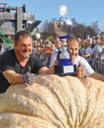 792,5 kg brachte der Siegerkürbis von Deutschland in Ludwigsburg auf die Waage. Norbert Mitschke (l.) und Robert Jaser (r.) heißen die Gewinner.