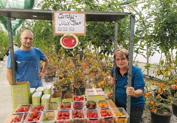 An der Candy Bar und im Tomatenbestand drfen die Kunden probieren und sich ihre Tomatenmischung selber zusammenstellen. Im Bild Eike Zech und seine Mutter Christiane Zech. 