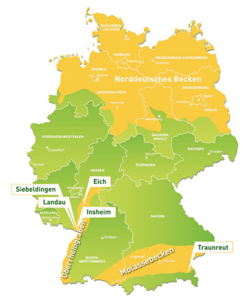 In Deutschland ist Wrme aus Tiefer Geothermie nur in drei Regionen mglich: in Bayern, im Norddeutschen Becken sowie im Oberrheingraben.
