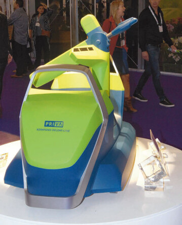 Der Priva Deleafing Robot besteht aus einem Arbeitsarm mit einer Schere zur Entfernung von Blttern sowie rechts und links des Roboterarmes zwei Kameras zur Erfassung der Pflanze. Hbsch anzusehen ist die Attrappe des Priva Deleafing Robot, leider ohne Detail und Angabe zum Mastab