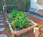 Ein Schienensystem umrandet das Hobby-Gemüsebeet, der Roboter fährt darauf die Fläche ab. Dabei sät, bewässert und jätet er je nach Bedarf und Einstellung.