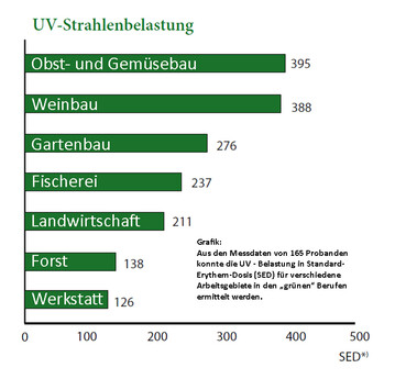 Testmessungen zeigen: Obst- und Gemsebauern haben ein erhhtes Hautkrebsrisiko.Die Messwerte belaufen sich auf 395 SED im Obst- und Gemsebau im Vergleich zu 130 SED beim bundesdeutschen Durchschnitt. Nur Winzer erreichen hnlich hohe Messwerte.