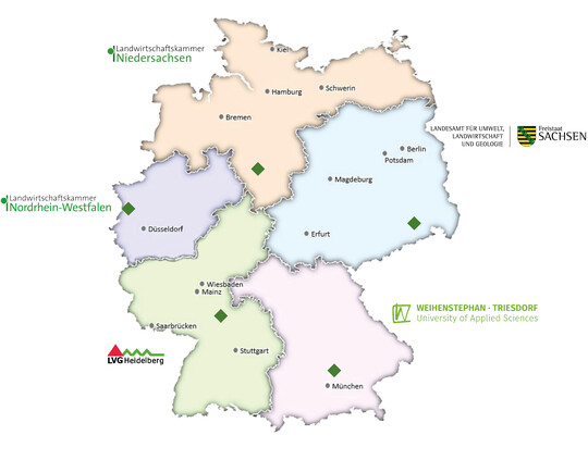 Die fnf gartenbaulichen Institutionen im Verbundvorhaben FiniTo haben sich zusammengeschlossen, um die gartenbauliche Praxis flchendeckend bei der Substratumstellung zu untersttzten. Jeder Projektpartner ist fr eine regionale Fachstelle verantwortlich.