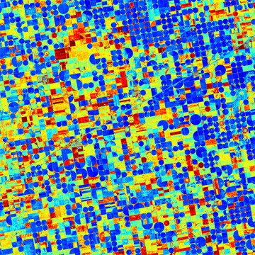 Landwirtschaftliche Flchen, vom Satelliten aus mit der Wrmebildkamera betrachtet. 