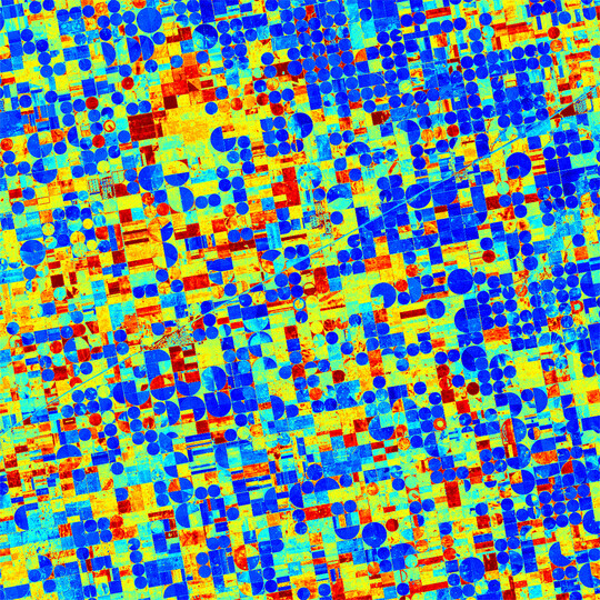 Landwirtschaftliche Flchen, vom Satelliten aus mit der Wrmebildkamera betrachtet.  