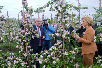 BOG-Vorsitzender Jens Stechmann im Dialog mit Bundeslandwirtschaftsministerin Julia Klckner im ESTEBURG Obstbauzentrum Jork. 
